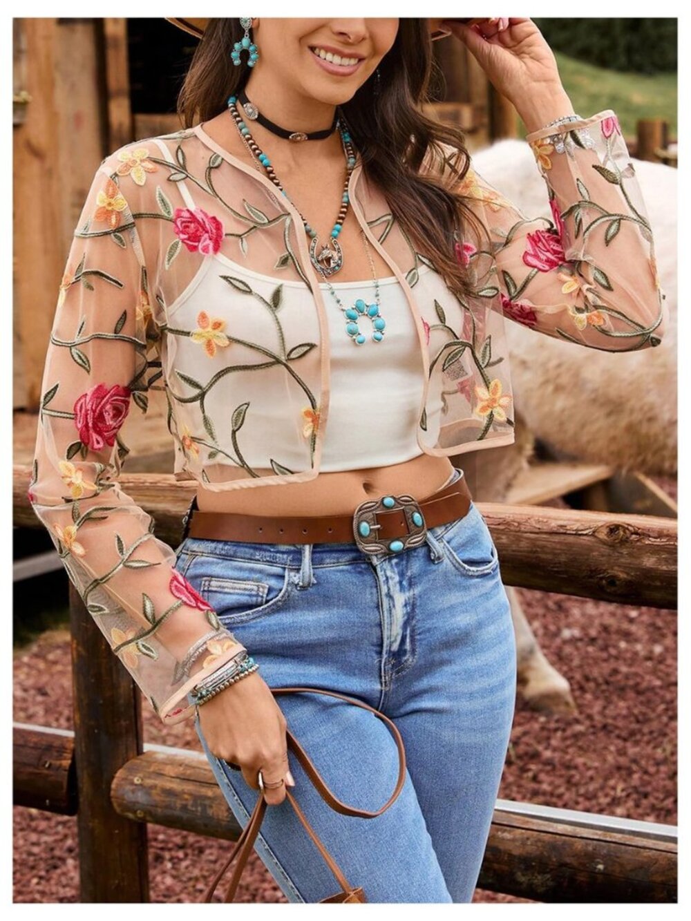 Women's Floral Embroidered Sheer Bolero Open Front Crop Jackets - Picture 3 of 8